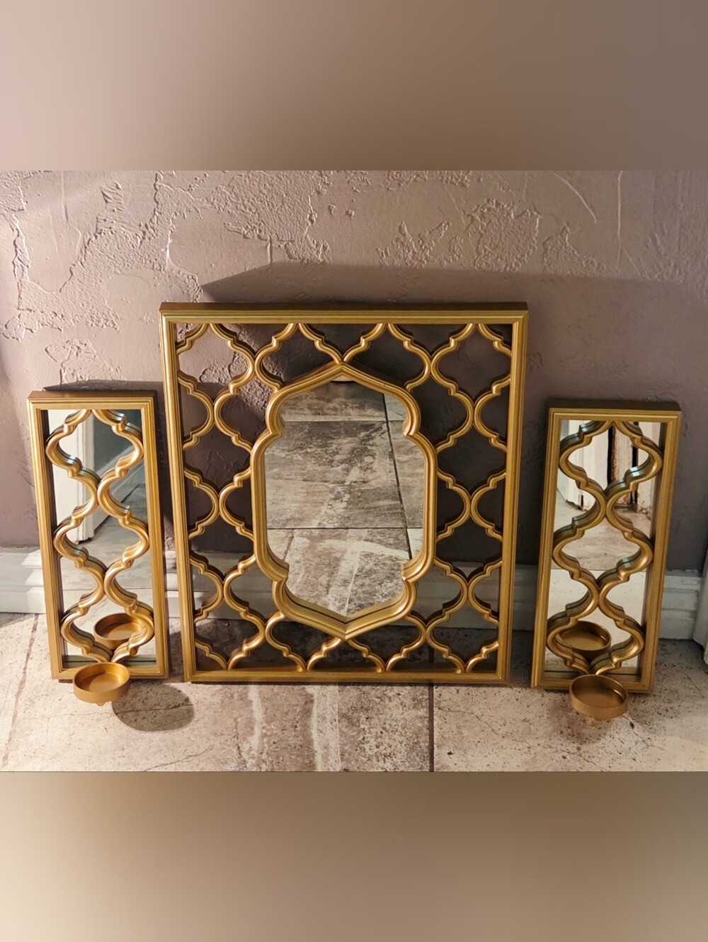 Wall Decor- Gold Moroccan Design Mirror And Candle Sconces 3 Piece Set